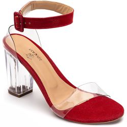 Sandália Feminina Salto Transparente em Nobucado Vermelho e Vinil - KRN SHOES | Calçados Casuais