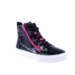 Tênis Casual Feminino Cano Alto com Zíper e Cadarço Craquelê Preto com Rosa - KRN SHOES | Calçados Casuais