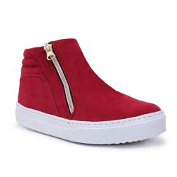 Tênis Casual Feminino Cano Alto com Zíper Camurça Vermelho - KRN SHOES | Calçados Casuais