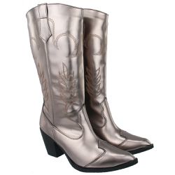 Bota Feminina Cano Longo Western com Bordado Napa Metalizada Ônix - KRN SHOES | Calçados Casuais