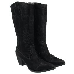 Bota Feminina Cano Longo Western com Bordado Nobucado Preto - KRN SHOES | Calçados Casuais