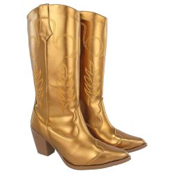 Bota Feminina Western Cano Longo com Bordado Napa Metalizada Ouro Velho - KRN SHOES | Calçados Casuais