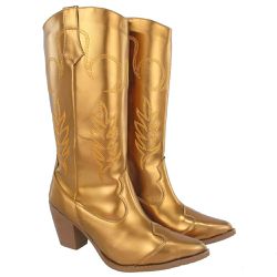 Bota Feminina Western Cano Longo Napa Metalizada Ouro Velho - KRN SHOES | Calçados Casuais