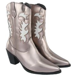 Bota Feminina Western Cano Médio com Bordado Napa Metalizada Ônix e Gliter Glam Prata - KRN SHOES | Calçados Casuais