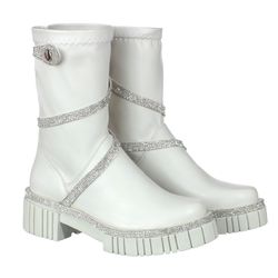 Coturno Feminino Cano Médio com Strass Stretch Off White - KRN SHOES | Calçados Casuais