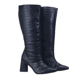 Bota Feminina Cano Longo Salto Triângulo Croco Preto - KRN SHOES | Calçados Casuais