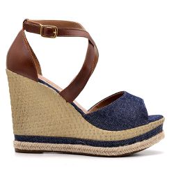 Sandália Feminina Anabela Prime Top Couro Caramelo Jeans Marinho - KRN SHOES | Calçados Casuais