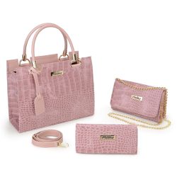 Kit Bolsa Feminina Croco + Carteira + Clutch Rosa - KRN SHOES | Calçados Casuais