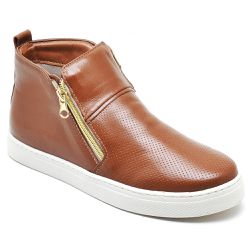 Tênis Casual Feminino Cano Alto Couro Legitimo World Caramelo - KRN SHOES | Calçados Casuais