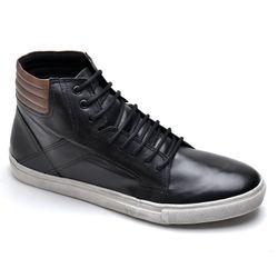 Tênis Casual Maculino Cano Alto em Couro Legitimo Preto - KRN SHOES | Calçados Casuais