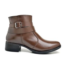 Bota Feminina Buckle Cano Curto Couro Legítimo Café - KRN SHOES | Calçados Casuais