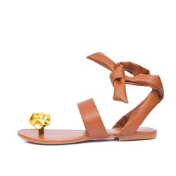 Sandália Rasteira Feminina Caramelo Com Laço e An... - DHAFFY