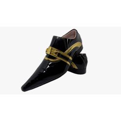 Sapato Masculino Italiano Em Couro Preto e Dourado... - Di Paolo Sapatos Masculinos