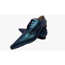 Sapato Masculino Italiano Em Couro Azul Réptil Ref... - Di Paolo Sapatos Masculinos