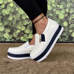 Tênis Slip on Zíper Costura Frontal Sola alta Dk Shoes Branco Azul - DK Shoes | Tênis Casuais Femininos