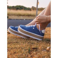 Tênis Plataforma Strass DK Shoes Jeans claro Corda Sisal