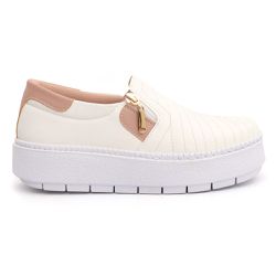 Tênis Slip Zíper Branco com Rose - DK Shoes | Tênis Casuais Femininos