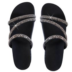 Sandália Rasteira Feminina com Pedrarias e Brilho Preto