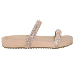 Sandália Rasteira Feminina com Pedrarias em Tiras Nude