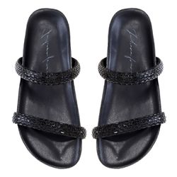 Sandália Rasteira Feminina com Pedrarias em Tiras Preto