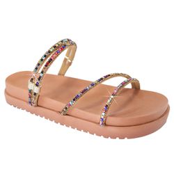 Sandália Rasteira Feminina DalilahShop | Tiras Finas com Pedrarias Coloridas e Brilho Intenso | Conf... - DK Shoes | Tênis Casuais Femininos
