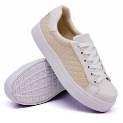 Tênis Casual Costura Matelassê Dk Shoes Branco e Bege - DK Shoes | Tênis Casuais Femininos