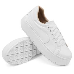 Tênis Feminio Solado Alto Cadarço em Couro Branco - DK Shoes | Tênis Casuais Femininos