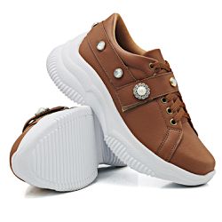 Tênis Feminino Casual Alto Chunky DK Shoes Pedrarias Caramelo - DK Shoes | Tênis Casuais Femininos