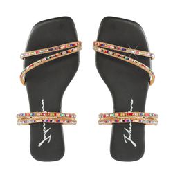 Sandália Rasteira Feminina Casual com Tiras E Pedras Delicadas Preto