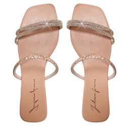Sandália Rasteira Feminina Casual com Tiras Duas Delicadas com Brilho Nude