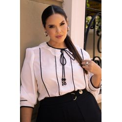 Blusa P&B de Crepe com Guipir e Laços Bordados - 1... - Dominique por Fátima Abrahão | Elegante e atemporal