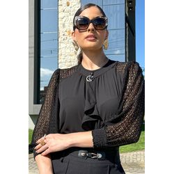 Blusa de Crepe com Mangas de Renda - 17388 - Dominique por Fátima Abrahão | Elegante e atemporal