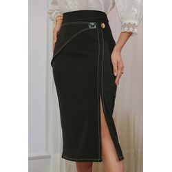 Saia Lápis Midi com Fivela em Couro e Pesponto - ... - Dominique por Fátima Abrahão | Elegante e atemporal