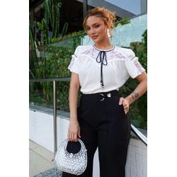 Blusa de Crepe com Tule Bordado - 17311 - Dominique por Fátima Abrahão | Elegante e atemporal