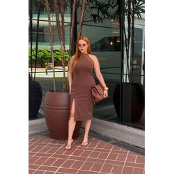 Vestido Midi em Malha Crepe Marrom - 17461 - Dominique por Fátima Abrahão | Elegante e atemporal
