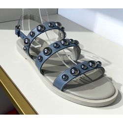 Rasteira Comfort Couro Azul Aplicações Esferas Met... - Donna Lu