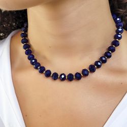 COLAR CRISTAL AZUL MARINHO E BOLINHA DOURADA - 42... - DULUXO