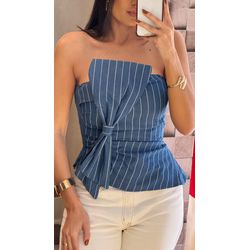 BLUSA RISCA DE GIZ LAÇO- JEANS AZUL - 2488 - DUQUESA STORE