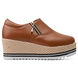 Tênis Plataforma Zíper Courino Caramelo - Estalo Shoes