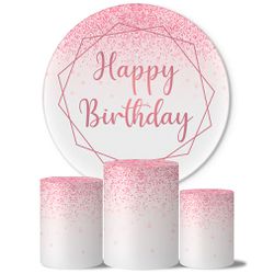 Trio Capas Cilindros + Painel Tema Happy Birthday Rosa Veste Fácil - Happy Birthday 4 - ESTAMPARIA NET 