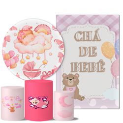 Kit Casado Veste Fácil Trio de Capas Cilindros + Painel Redondo + Painel Retangular Tema Chá de Bebê Menina - 7545 - ESTAMPARIA NET 