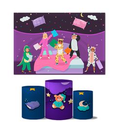 Trio de Capas Cilindros Veste Fácil + Painel Retangular Horizontal Tema Festa do Pijama - 7548 - ESTAMPARIA NET 