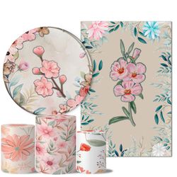 Kit Casado Veste Fácil Trio de Capas Cilindros + Painel Redondo + Painel Retangular Tema Floral 17 - 7547 - ESTAMPARIA NET 