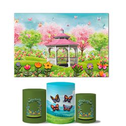 Trio de Capas Cilindros Veste Fácil + Painel Retangular Horizontal Tema Jardim Encantado 9 - 7542 - ESTAMPARIA NET 