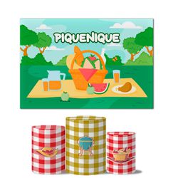 Trio de Capas Cilindros Veste Fácil + Painel Retangular Horizontal Tema Piquenique - 7546 - ESTAMPARIA NET 