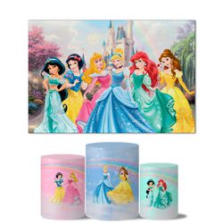 Trio De Capas Cilindros + Painel Retangular Horizontal Princesas - 072 - ESTAMPARIA NET 