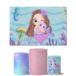 Trio De Capas Cilindros + Painel Retangular Horizontal Sereia Fundo do Mar - Sereia 4 - ESTAMPARIA NET 