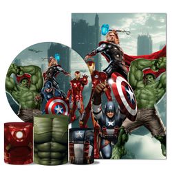 Kit Casado Veste Fácil Trio de Capas Cilindros + Painel Redondo + Painel Retangular Tema Os Vingadores 2 - 9544 - ESTAMPARIA NET 