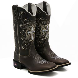 Bota Texana Feminina Cano Longo Bordado Cruz - Cr... - SB Sistema Bruto