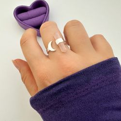 Anel Meia Lua Pedra Cristal Quartzo Rosa Ajustável... - EVELISEPOLOJOIAS